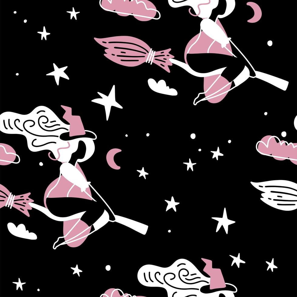 carina giovane strega con scopa volare sul cielo stellato. modello senza cuciture di notte di halloween. cartone animato semplice carta alla moda in stile piatto. vettore