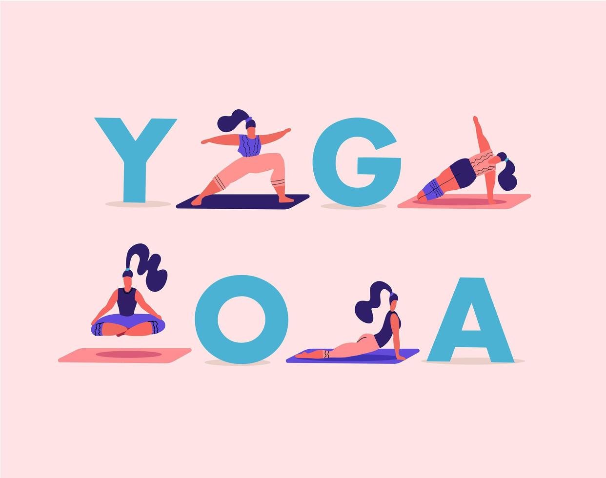concetto di fitness illustrazione di giovani donne che fanno pose yoga e asanast. design piatto delle donne che si allenano tra lo yoga a grandi lettere. banner sportivo per pagina di destinazione o promozione della scuola di yoga vettore