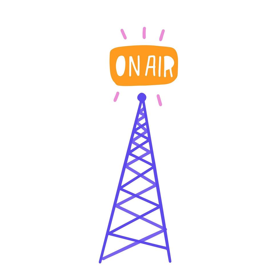 torre radio disegnata a mano e testo scritto in alto. elementi della giornata mondiale della radio per la decorazione. illustrazione vettoriale piatta astratta carina isolata in sfondo bianco.