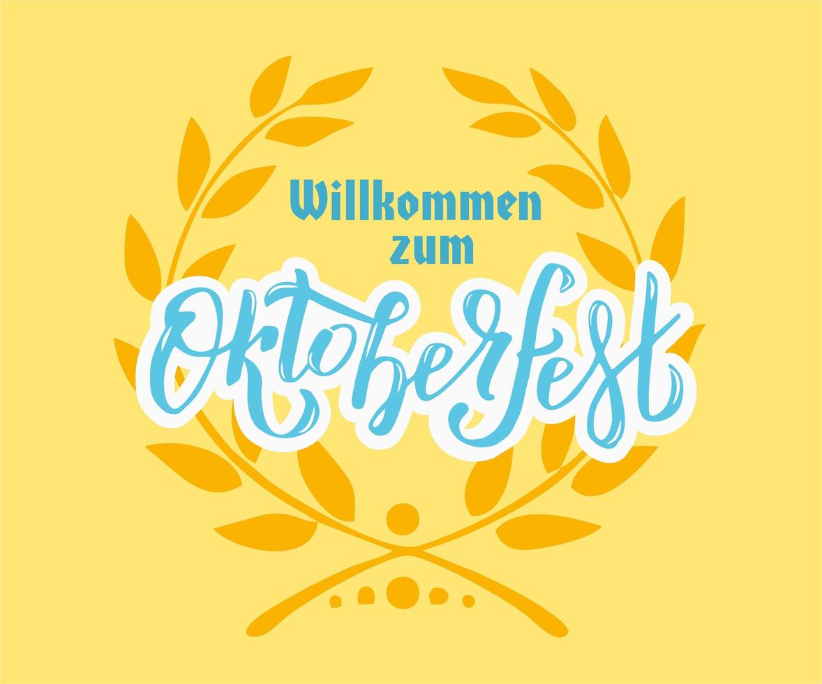 illustrazione di lettere vettoriali willkommen zum oktoberfest benvenuto all'oktoberfest nella celebrazione tedesca del design con ghirlanda floreale. icona di celebrazione disegnata a mano. distintivo della decorazione del festival della birra.