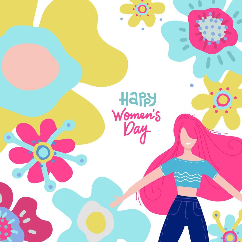 biglietto di auguri o banner per la festa della donna internazionale felice con giovani donne e grandi fiori astratti. illustrazione disegnata a mano piatta vettoriale con scritte.