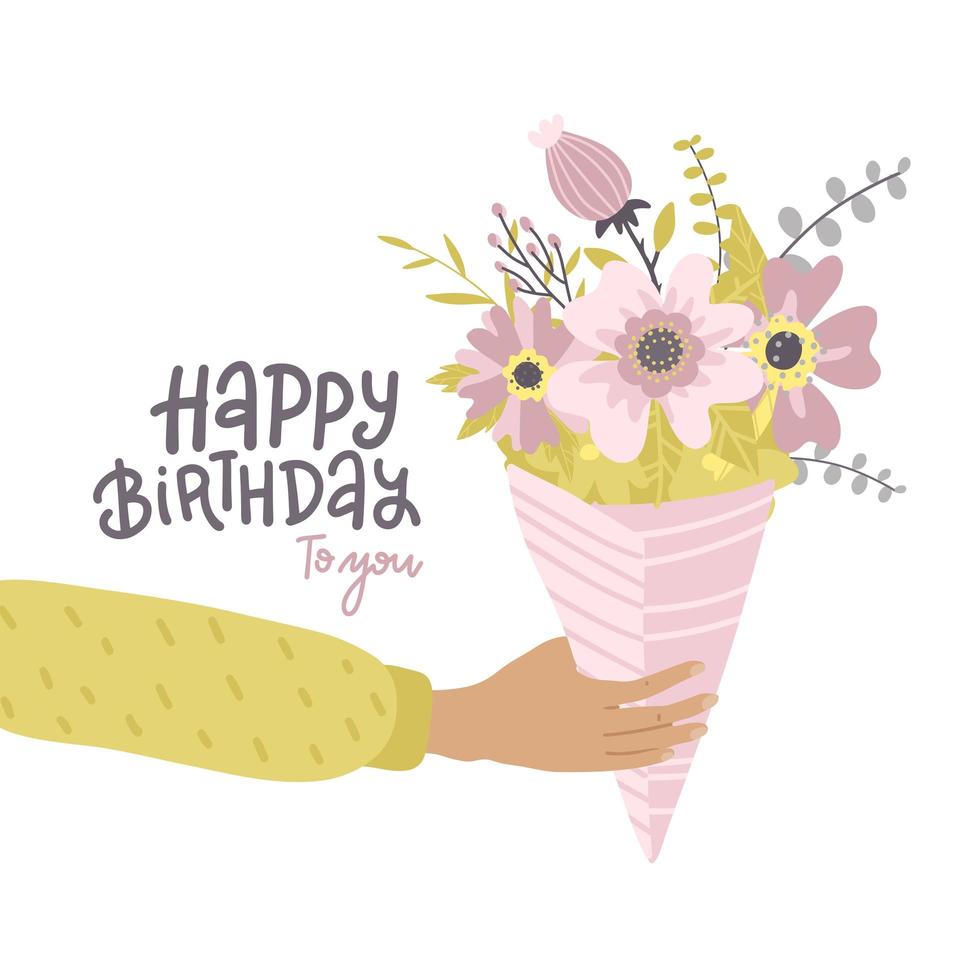 mano maschile che tiene mazzo di fiori. biglietto di auguri di buon compleanno con testo lettering. illustrazione vettoriale piatta.