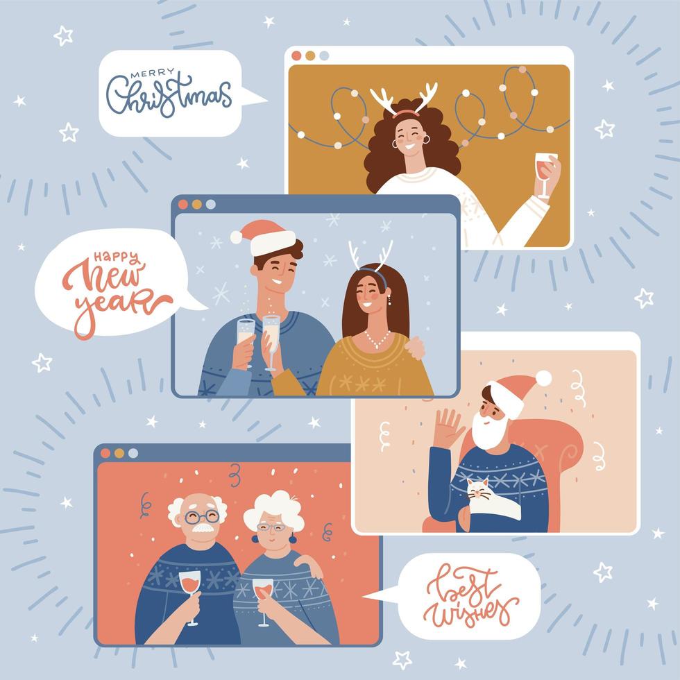 concetto di celebrazione di natale online. schermi di computer o smartphone con giovani e anziani in abiti natalizi. illustrazione vettoriale piatta.