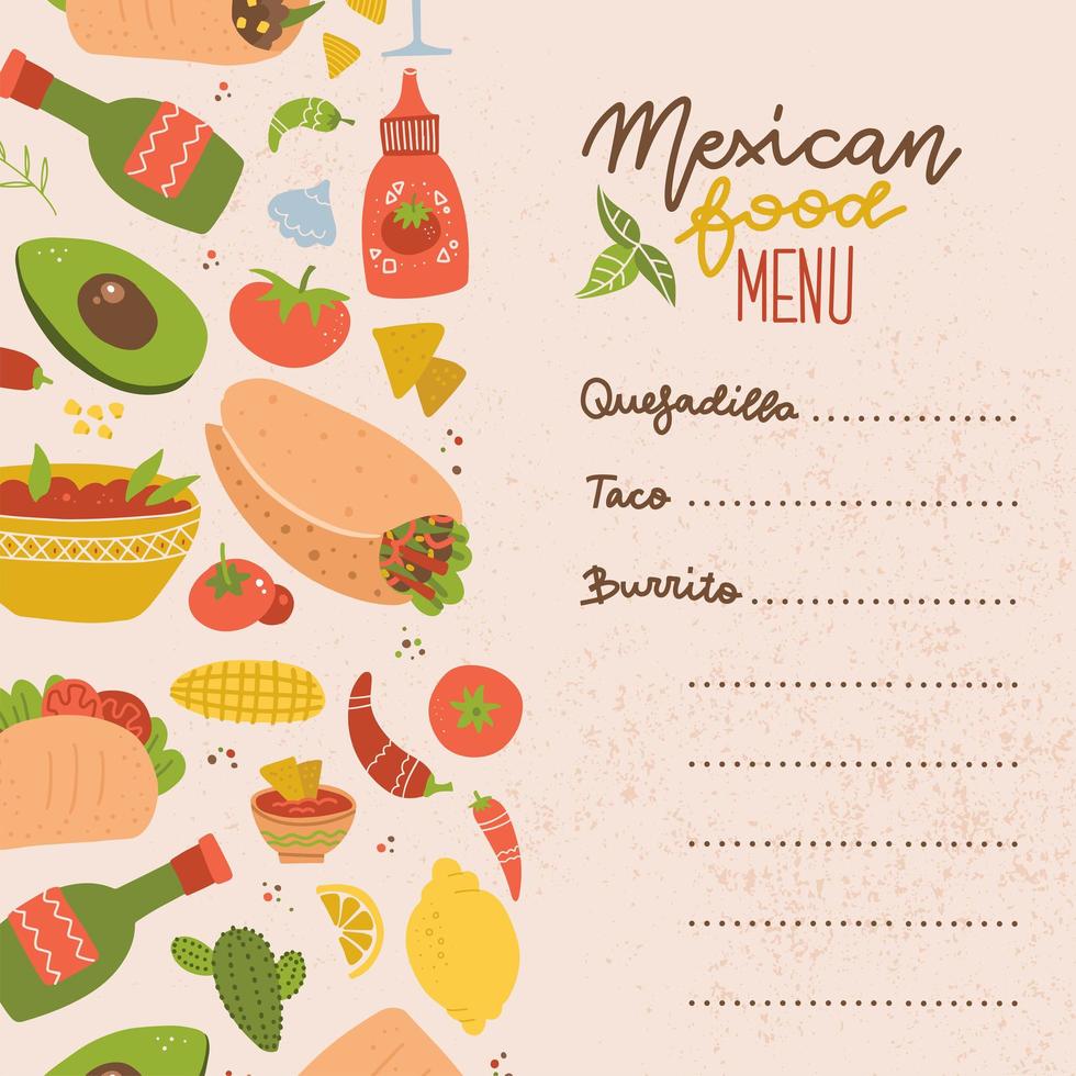 menu di cibo messicano del camion di cibo. set di elementi di cibo messicano colorati disegnati a mano - burrito, taco, margarita, limone, cactus, pomodoro. cibo disegnato a mano per menu del ristorante, banner, volantino, design di stampa. vettore