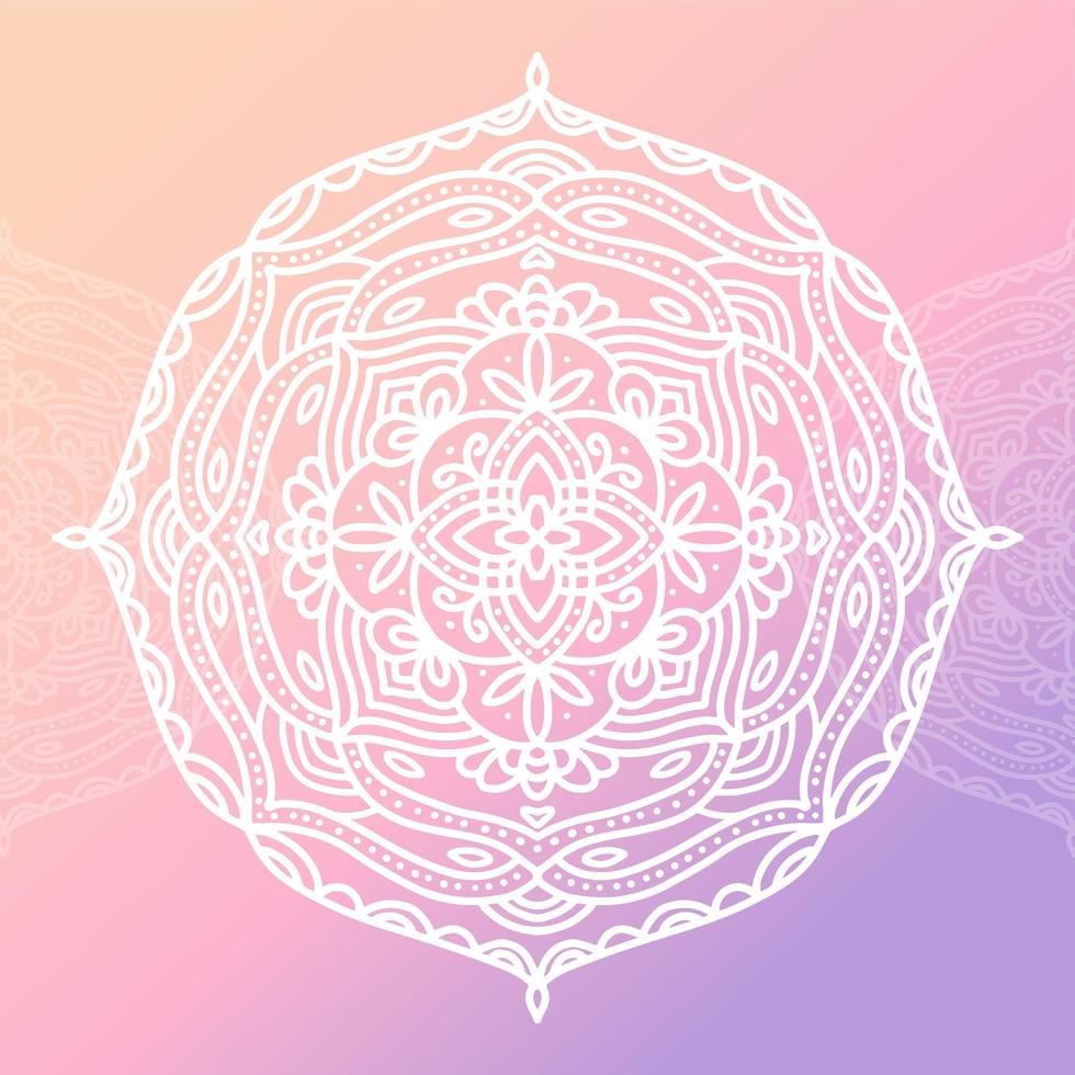 mandala bianca rotonda su sfondo rosa sfumato isolato. vettore boho mandala nei colori lilla e rosa. mandala con motivo astratto backround. modello di yoga