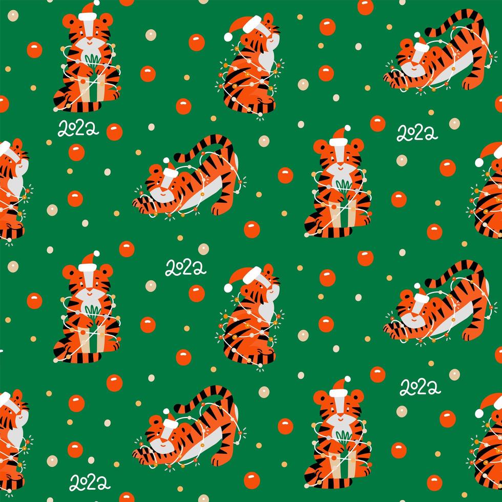 modello senza cuciture colorato di natale con il simbolo del nuovo anno 2022. piccola tigre con ghirlande, palline di natale, coriandoli e scritte. illustrazione vettoriale piatta.