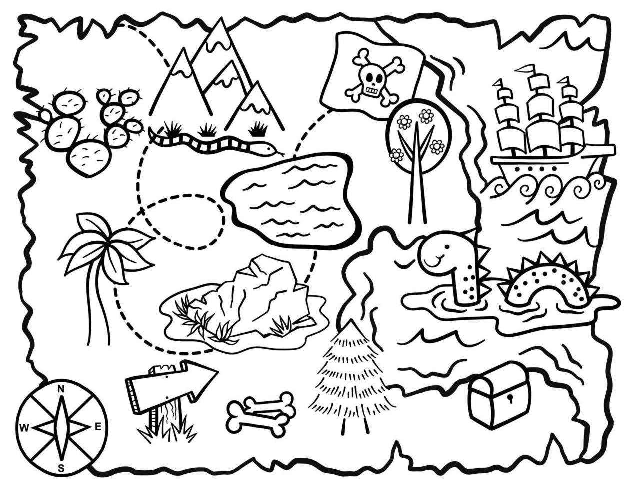 bambini doodle mappa del tesoro da colorare pagina vettore