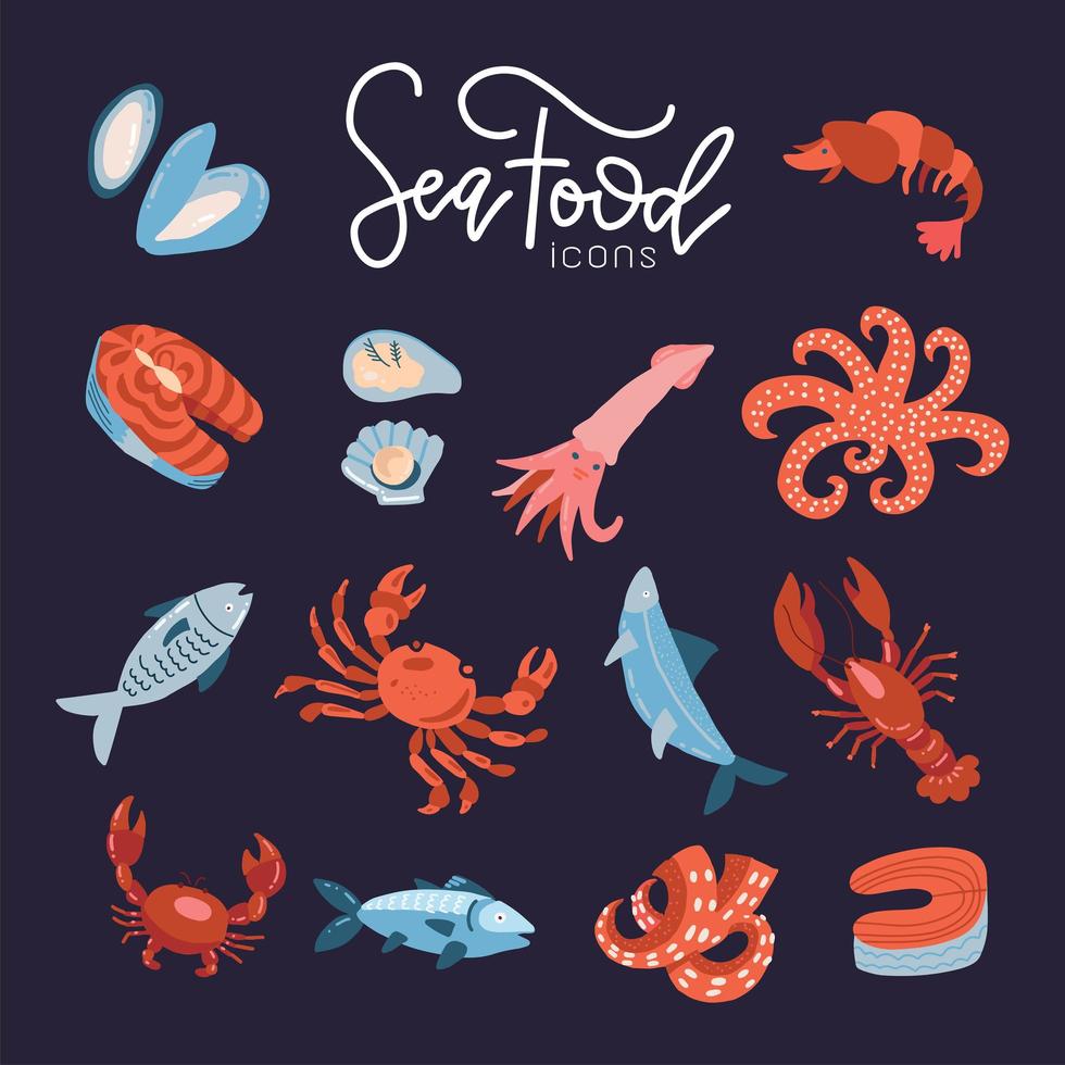 Icone del ristorante del menu di pesce di frutti di mare impostate con illustrazione vettoriale piatta isolata conchiglia di gamberi di granchio.