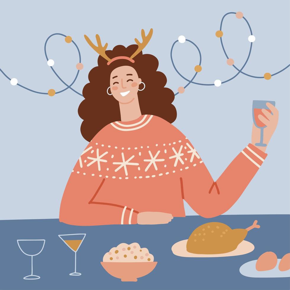 tavola delle vacanze con donna che mangia e beve, ragazza felice in vacanza a casa, festeggia il nuovo anno. illustrazione vettoriale piatta.