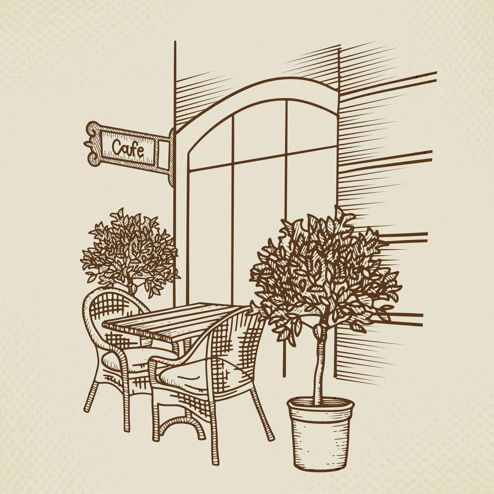 caffè di strada nell'illustrazione grafica della città vecchia. caffè all'aperto disegnato a mano - tavolo, due sedie e pianta. schizzo per la progettazione di menu, ristorante schizzo, architettura esterna, illustrazione vettoriale vintage di carta