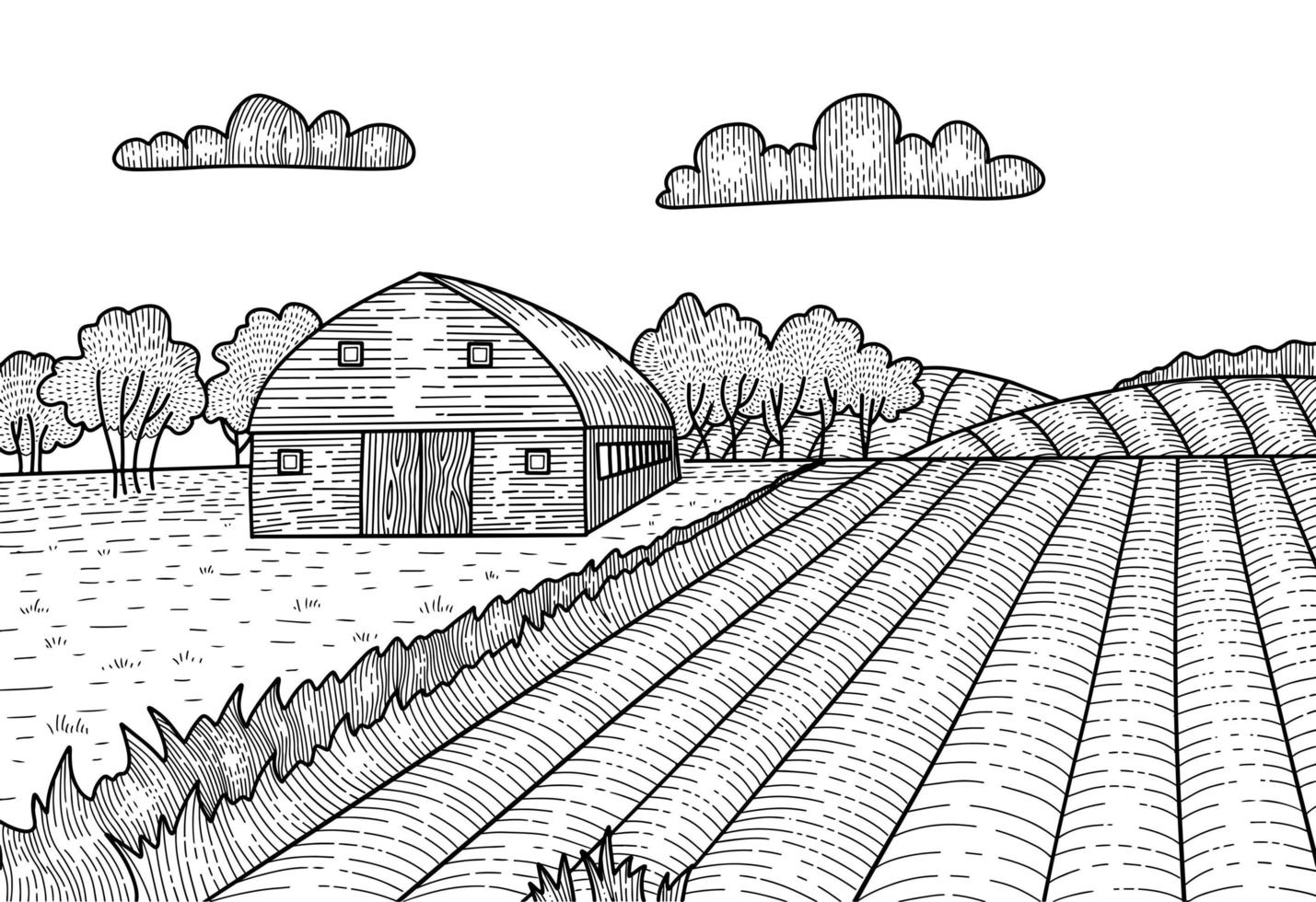 paesaggio rurale in stile grafico incisione. schizzo disegnato a mano convertito in illustrazione vettoriale. campagna con fattoria, fienile. vettore