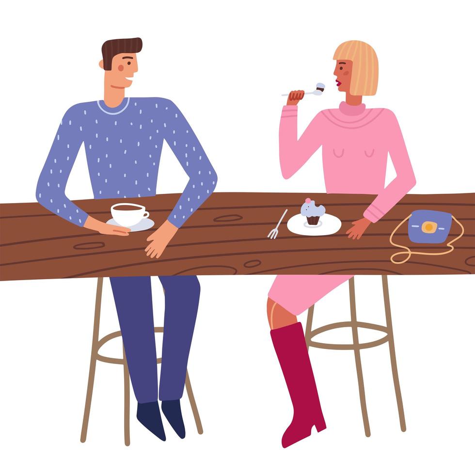 le coppie godono di un appuntamento romantico mangiando torta e bevendo caffè insieme. felice l'uomo e la donna seduti al tavolo e comunicare in un caffè isolato su bianco. vista frontale. illustrazione piatta vettoriale. vettore