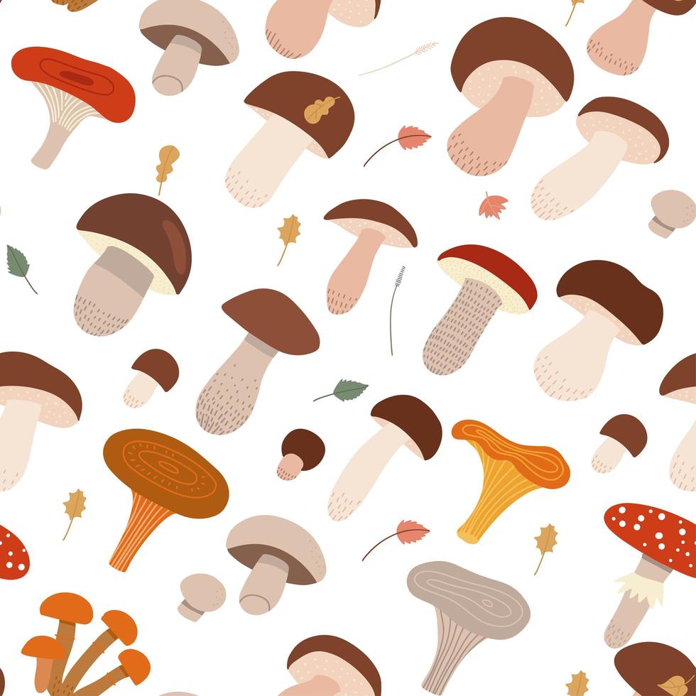 motivo senza cuciture con diversi tipi di funghi di bosco, illustrazione vettoriale di cartoni animati piatti su sfondo bianco. trama ripetibile decorativa con funghi.