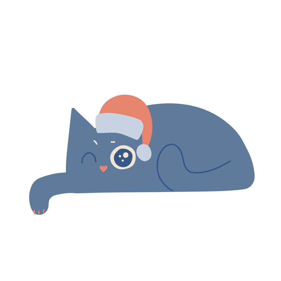 simpatico gatto sdraiato con il cappello di Babbo Natale. elemento isolato a mano libera. illustrazione piatta vettoriale. solo 5 colori - facile da ricolorare. vettore