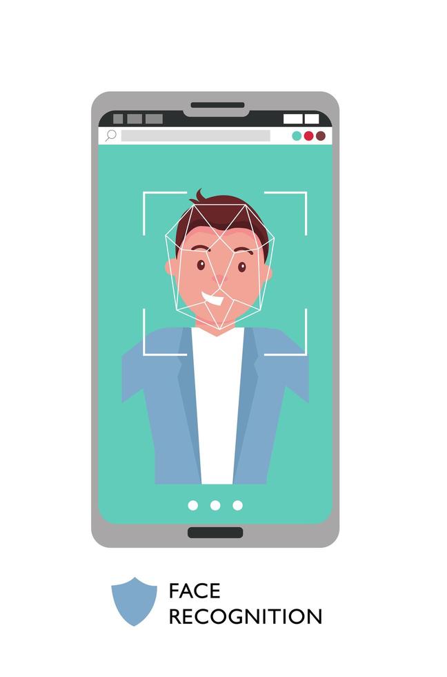 concetto di identificazione del viso. volto maschile sul grande schermo dello smartphone. riconoscimento della personalità, cellulare moderno con sistema di sicurezza. uomo sorridente con focus sul viso. illustrazione vettoriale cartone animato piatto.