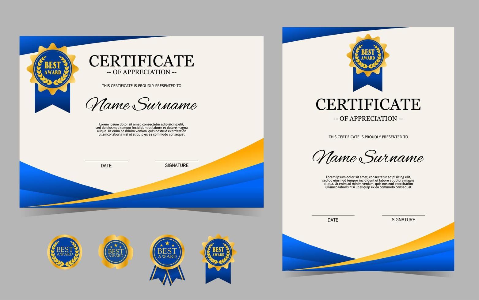 modello di certificato di apprezzamento, colore blu e oro. modello di confine certificato con badge di lusso. modello vettoriale di diploma