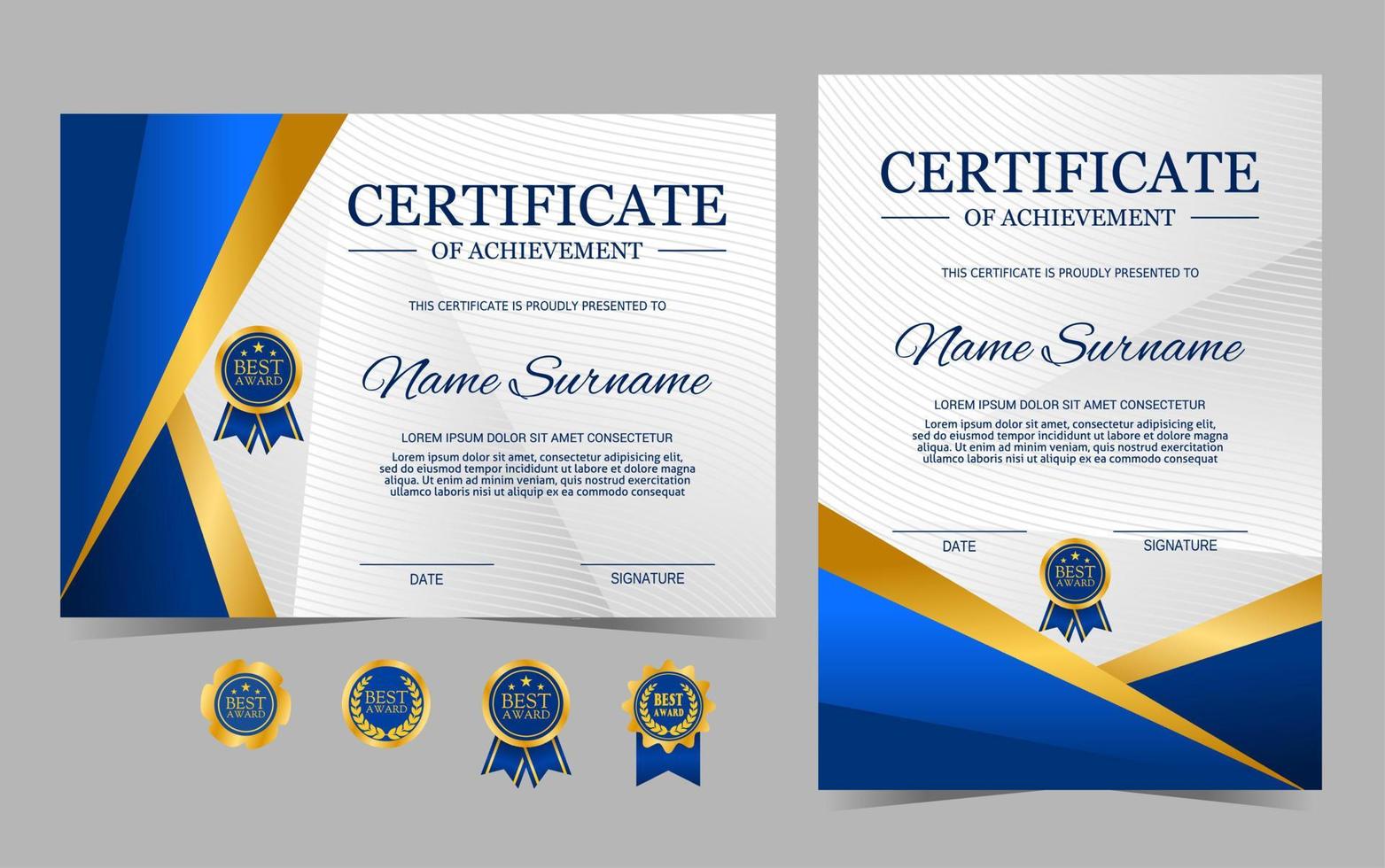 certificato di realizzazione modello, colore blu e oro. modello di confine certificato con badge di lusso e motivo a linee moderne. modello vettoriale di diploma