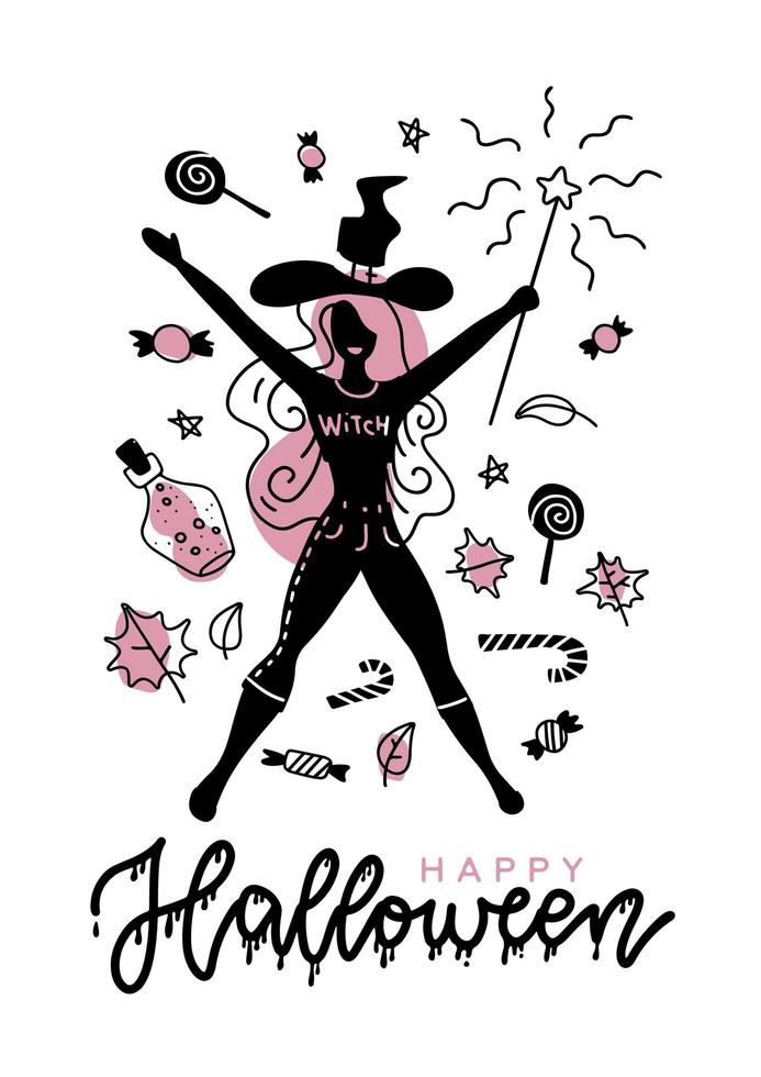 giovane strega attraente felice che tiene una sagoma di bacchetta magica, per il tuo halloween pubblicizza banner e carta. design minimalista alla moda con scritte. formato a4. rosa e nero vettore