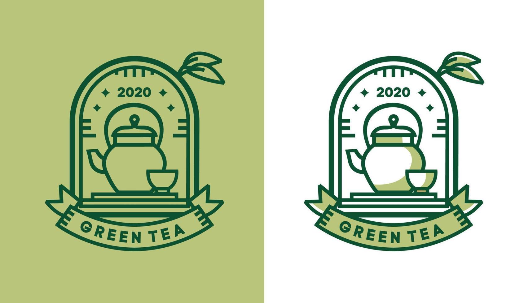 design del logo del tè verde, teiera vintage tradizionale minimalista per loghi di caffè adatti per aziende di alimenti e bevande vettore