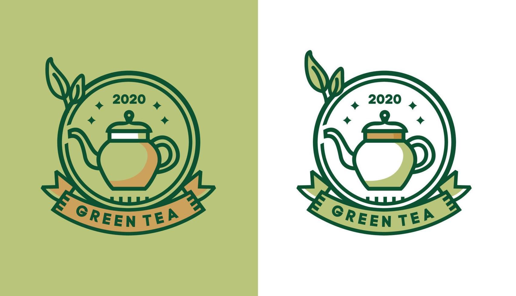 design del logo del tè verde, teiera vintage tradizionale minimalista per loghi di caffè adatti per aziende di alimenti e bevande vettore
