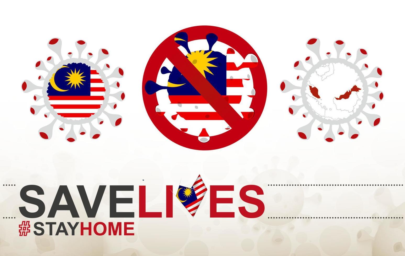 cellula di coronavirus con bandiera e mappa della Malesia. stop covid-19 segno, slogan salva vite resta a casa con la bandiera della malesia vettore