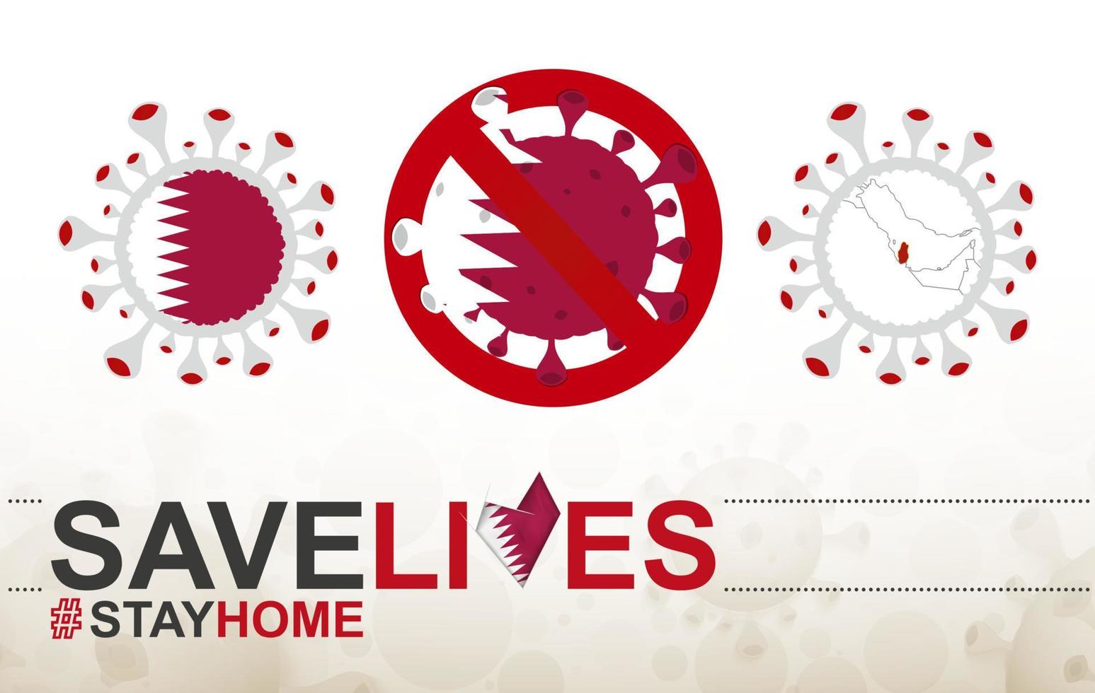 cellula di coronavirus con bandiera e mappa del qatar. stop covid-19 segno, slogan salva vite resta a casa con la bandiera del qatar vettore