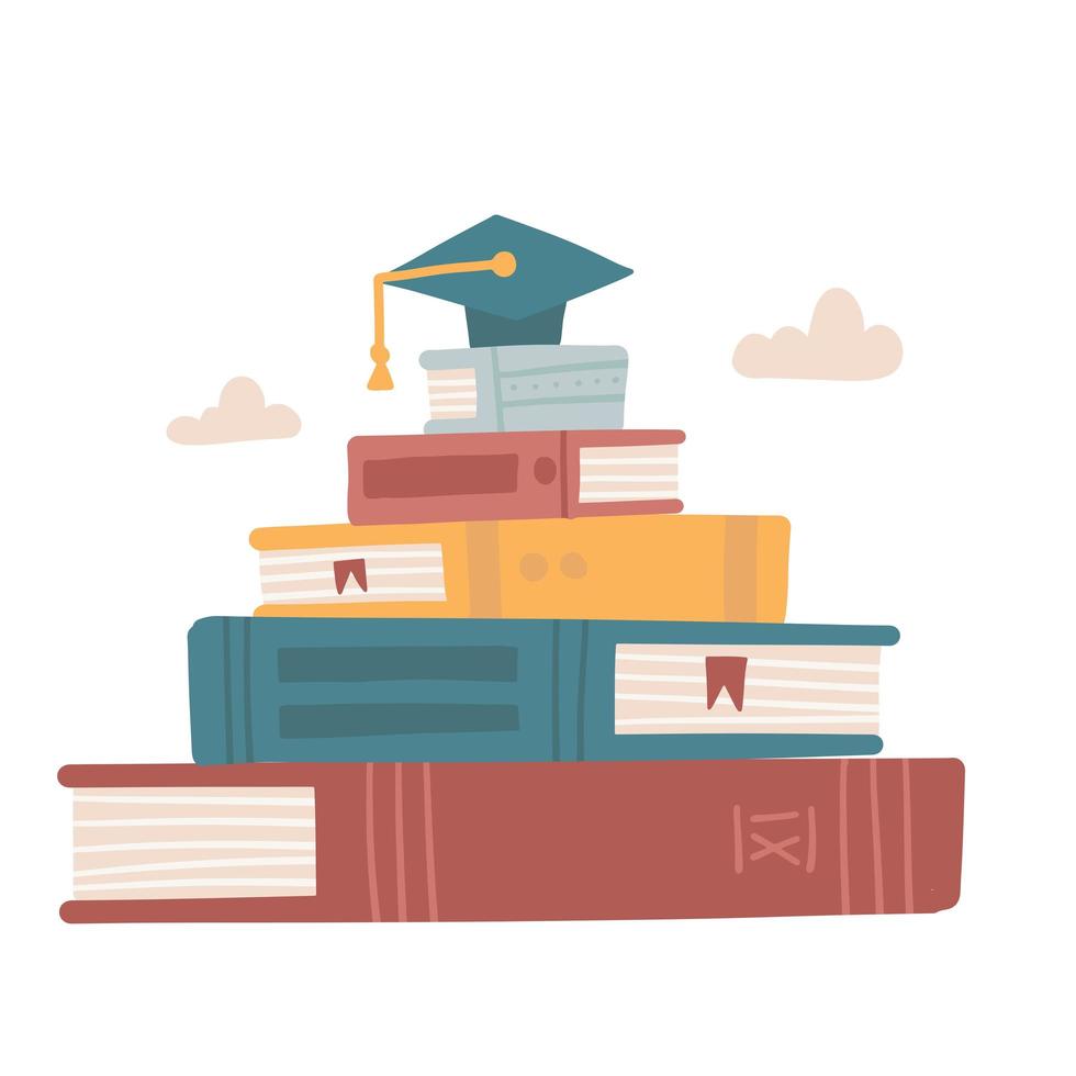 grande pila di libri con tappo di graduazione. concetto di laurea e istruzione. illustrazione disegnata a mano piatta vettoriale