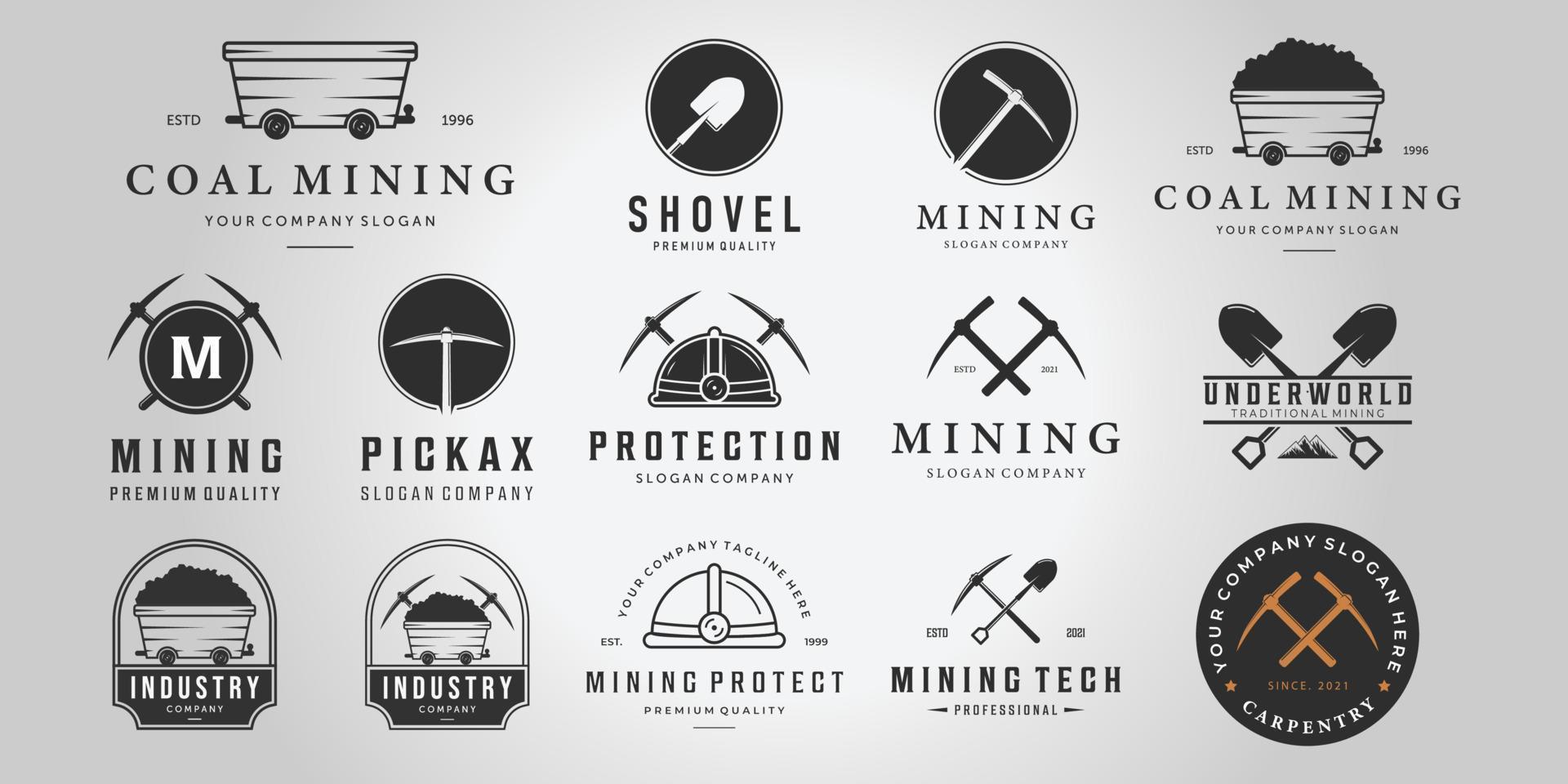 set bundle mining vintage line art logo, illustrazione carrello da miniera piccone casco pala disegno vettoriale