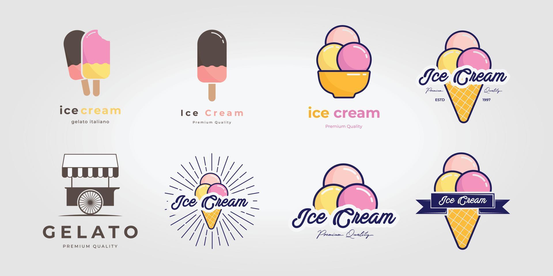 impostare il disegno dell'illustrazione vettoriale vintage dell'icona del logo del gelato del pacchetto