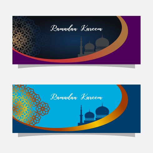 Celebrazione musulmana di religione. Illustrazione della bandiera di Ramadan Kareem. Modello di biglietto di auguri islamico. vettore