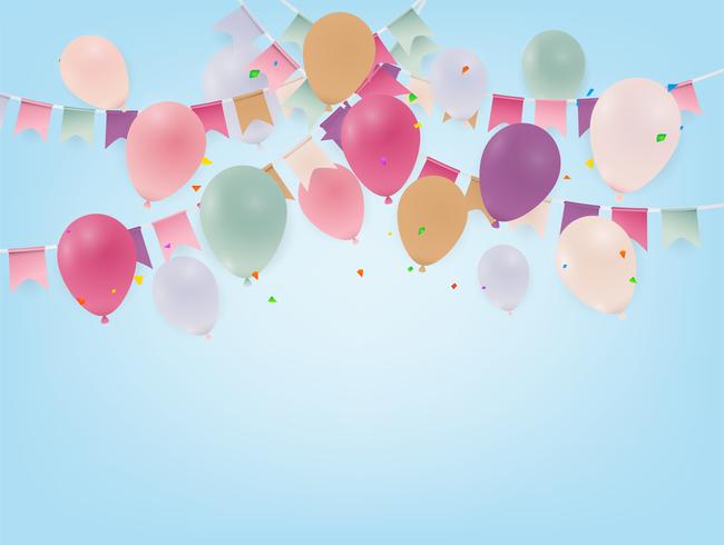 Manifesto di compleanno con palloncini. Bandiere colorate e coriandoli su sfondo blu. vettore