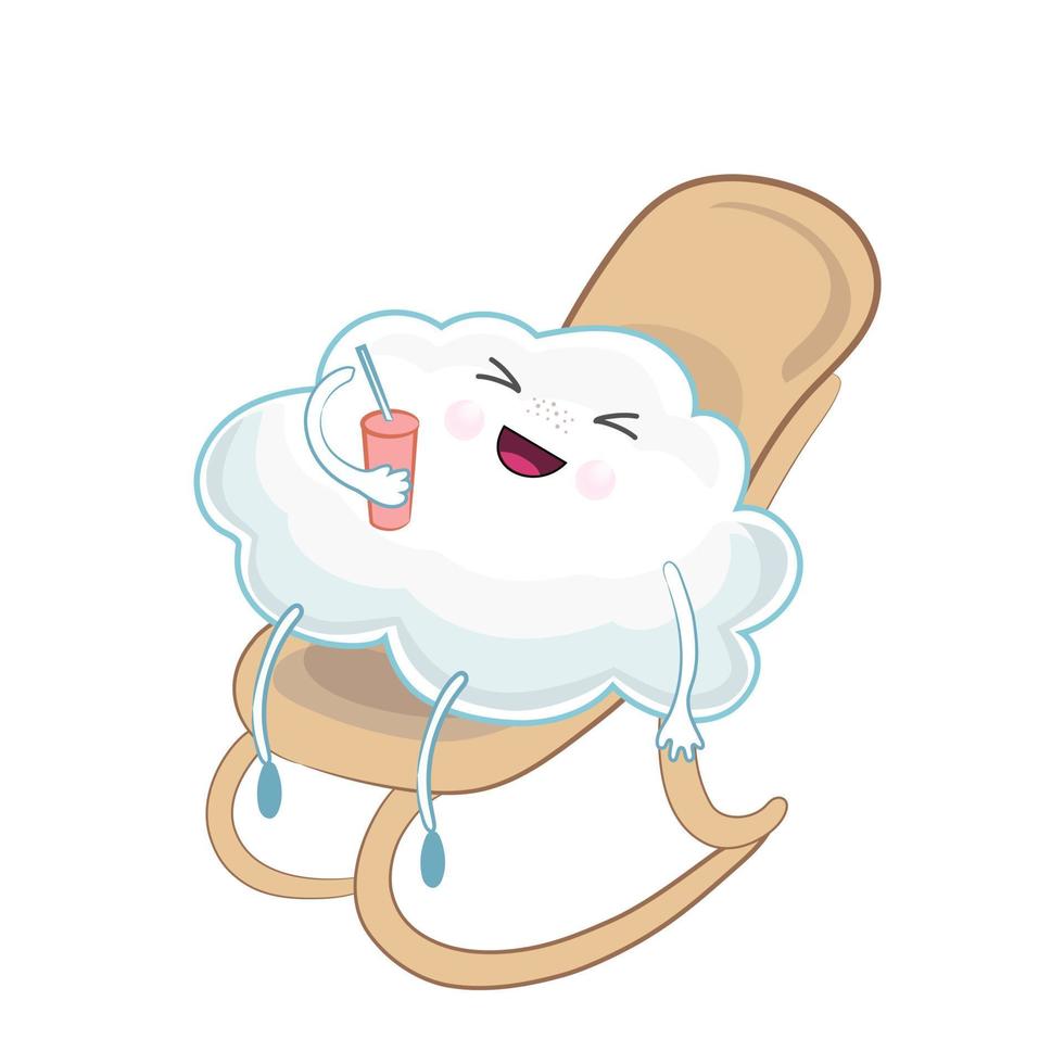 nuvola di cartone animato carino su una sedia a dondolo con un drink in mano. illustrazione vettoriale dei cartoni animati. kawaii, illustrazione vettoriale isolata per bambini. illustrazione della nuvola.