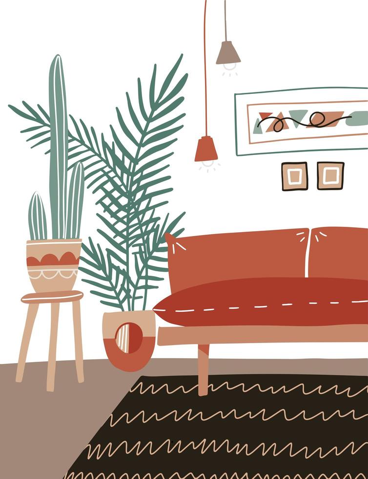 illustrazione vettoriale piatta di un accogliente interior design per la casa per siti Web, cartoline, banner, poster o volantini. soggiorno scandinavo con divano, moquette e piante - palma, cactus.