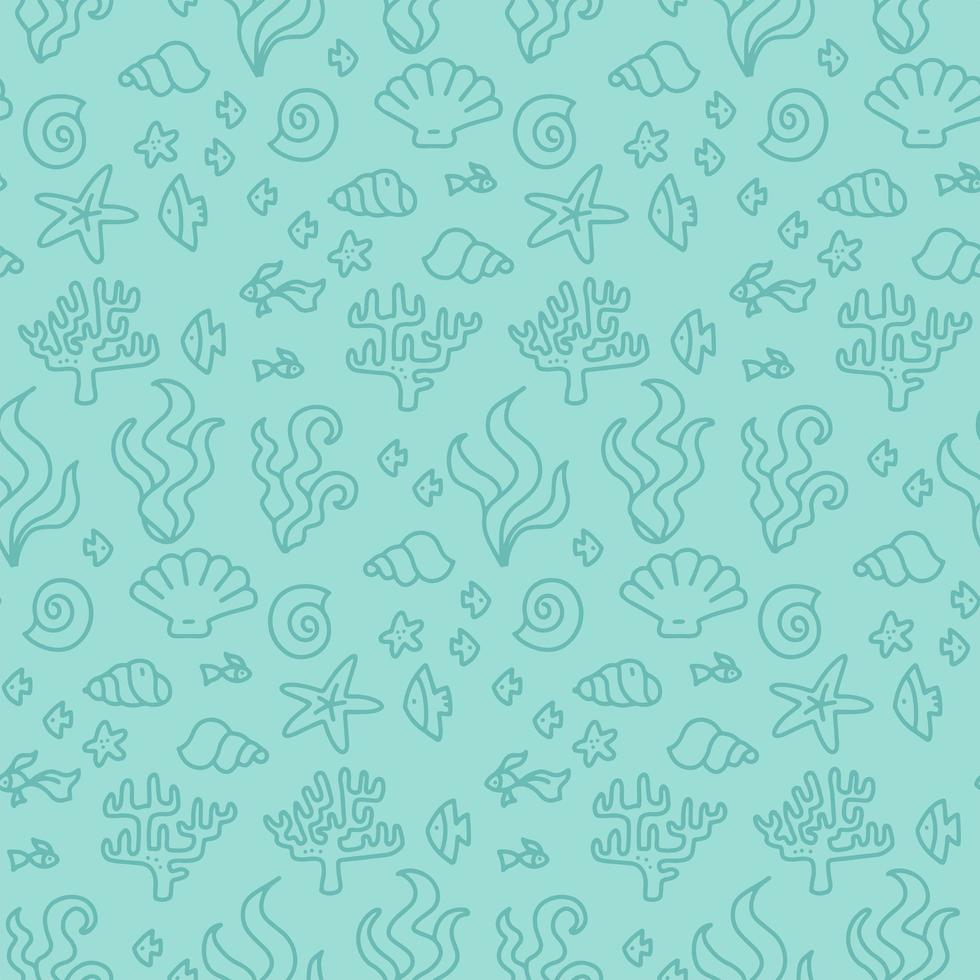 doodle seamless turchese corallo modello senza cuciture per tessuti, carta design, sfondi. sotto coralli blu oceano con polipi ripetuti, alghe e pesci. ornamento colorato subacqueo nautico vettore