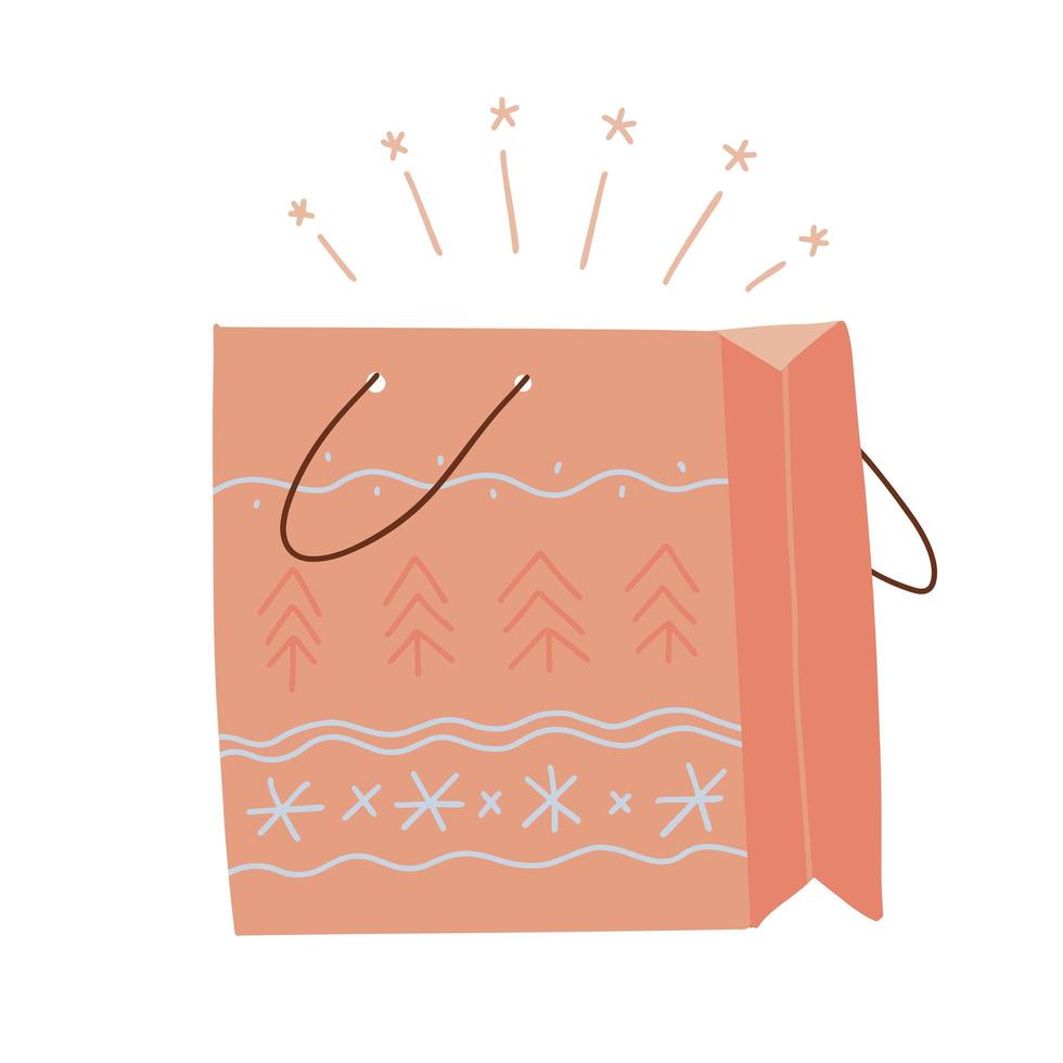 pacchetto artigianale per lo shopping di Capodanno e Natale, altri acquisti per le vacanze. sacchetto di carta aperto per i regali delle vacanze invernali. avvicinamento. illustrazione disegnata a mano piatta vettoriale. vettore