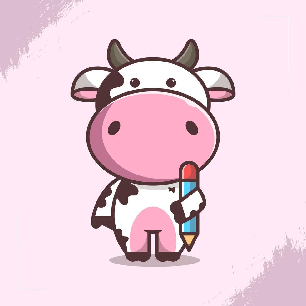 illustrazione del personaggio della mucca carina che porta una matita vettore