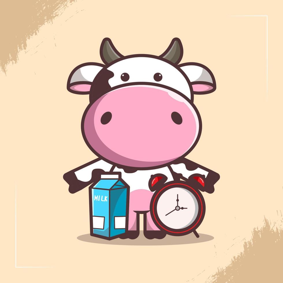 illustrazione del personaggio della mucca carina che trasporta latte e orologio vettore