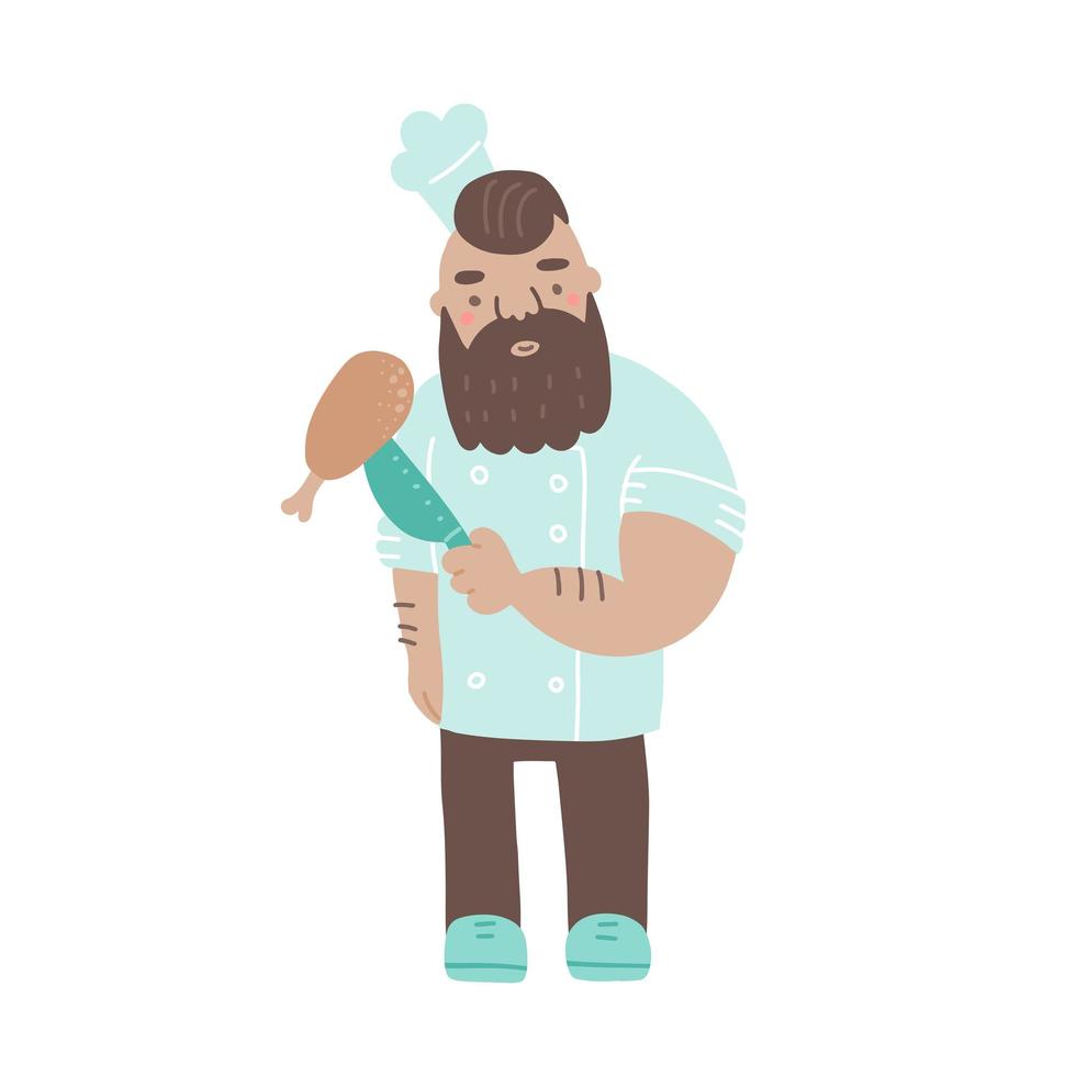 chef in possesso di un coltello e una coscia di pollo. simpatico personaggio cuoco maschio con la barba. illustrazione vettoriale piatta isolata in bianco.