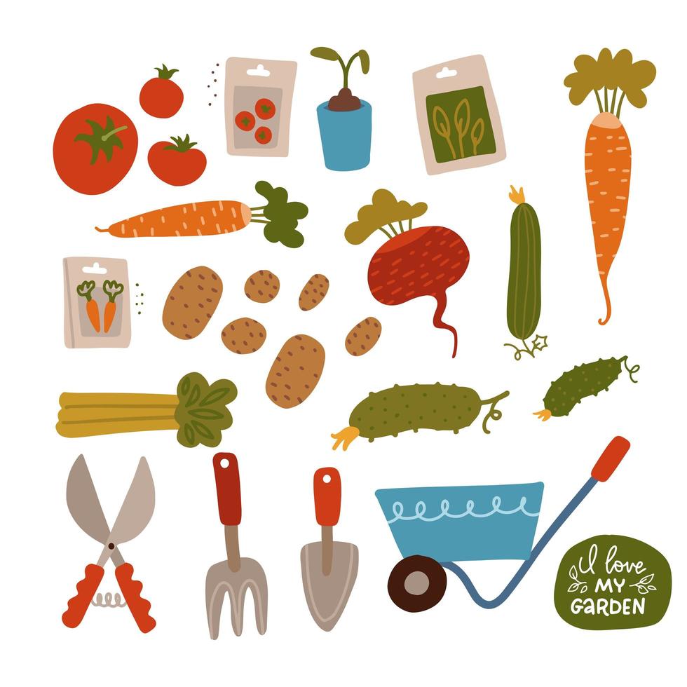 set di elementi di cibo vegano, agricolo, biologico. verdure doodle colorate disegnate a mano con semi e attrezzi da giardino. verdure icone vettoriali piatte cetriolo, carota, barbabietola, pomodoro.