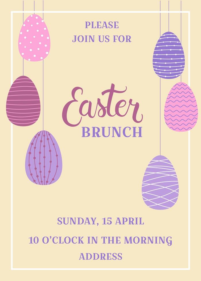 modello di invito per il brunch di pasqua con uova di Pasqua decorate. modello per poster, biglietto di auguri, invito o cartolina. vettore