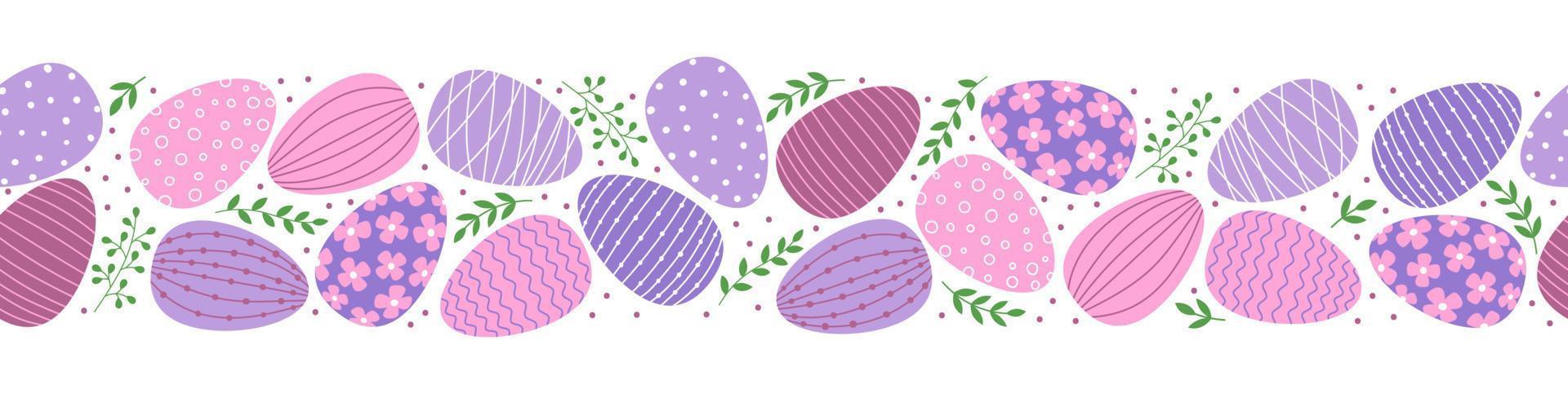 bordo senza cuciture con uova e foglie decorate di pasqua. uova in stile piatto nei colori rosa e viola. vettore
