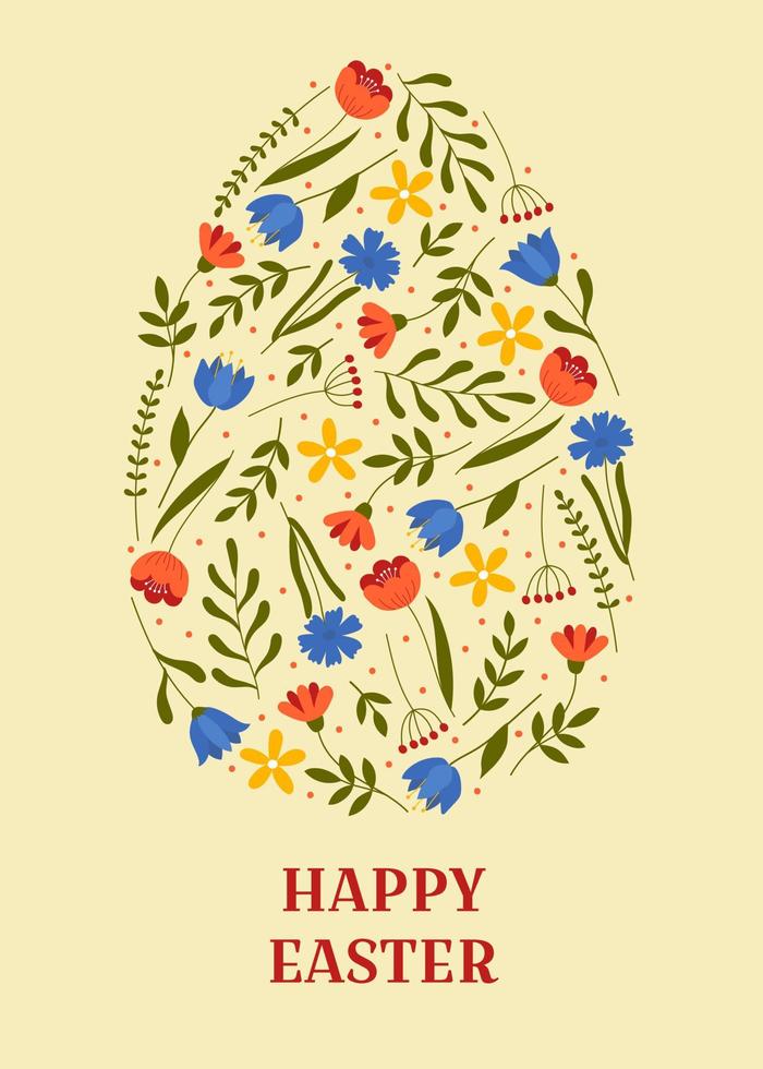 biglietto di auguri di buona pasqua. uovo di Pasqua decorato con fiori. modello per poster, biglietto di auguri, invito o cartolina. vettore