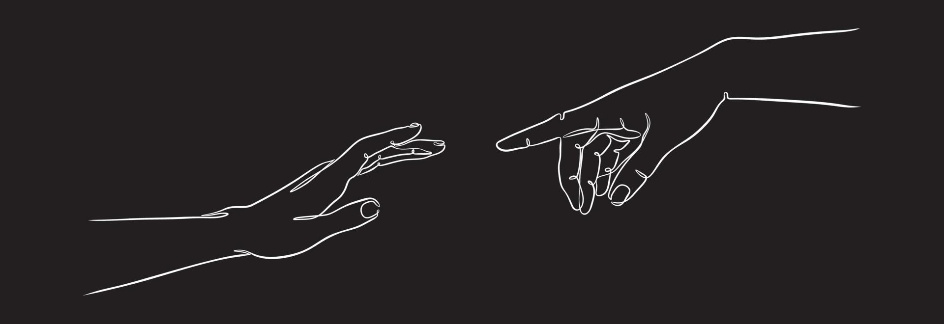due mani che raggiungono una linea contigua in un'illustrazione vettoriale di sfondo nero