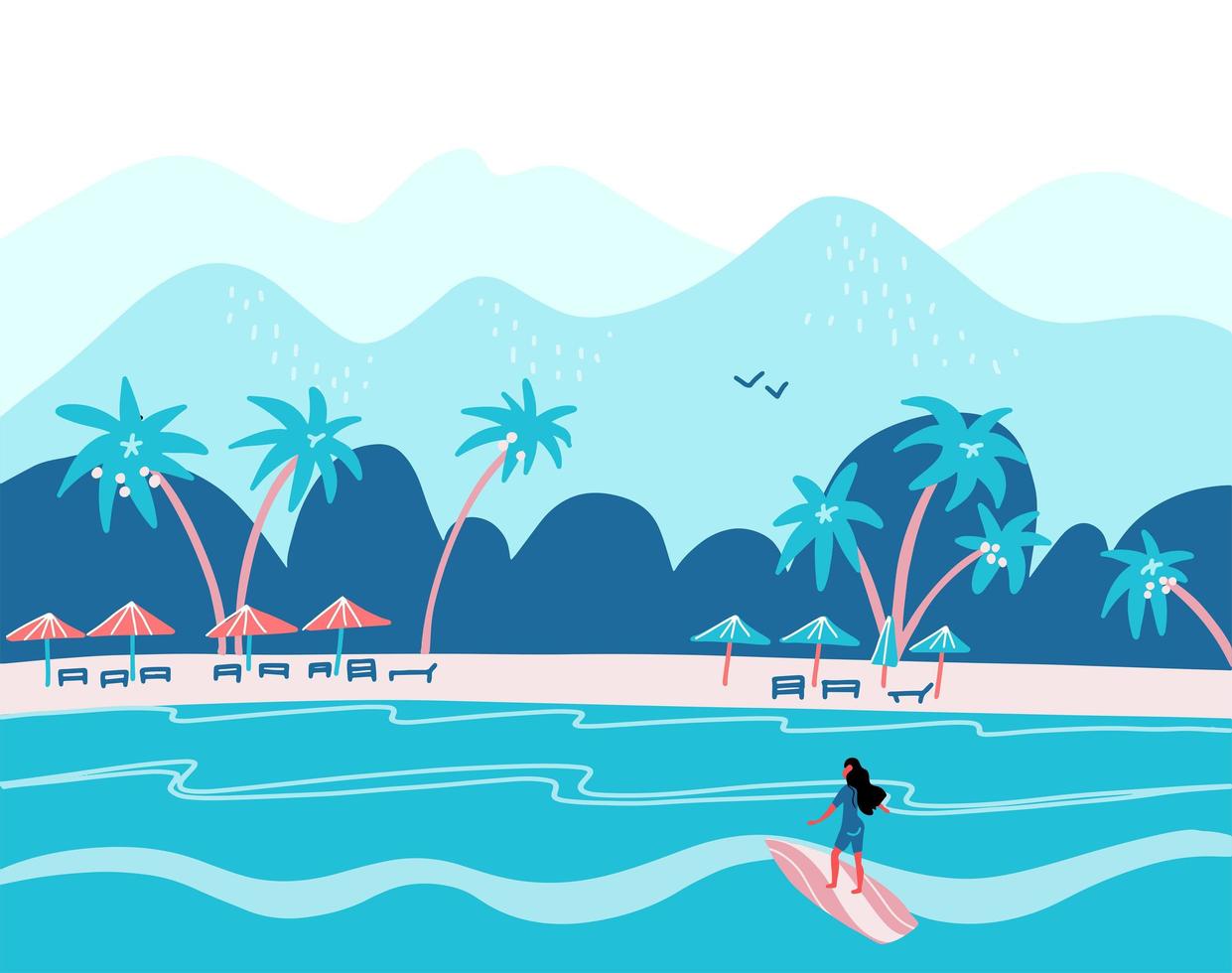 ragazza di surf su una spiaggia. palma, sabbia, oceano sullo sfondo. banner, sito, modello di poster con posto per il tuo testo. illustrazione vettoriale piatta nei colori blu
