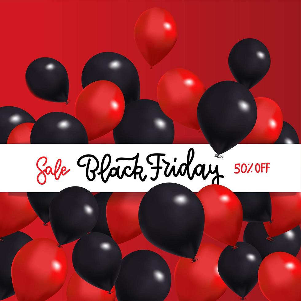 banner di vendita venerdì nero con palloncini neri e rossi intorno al nastro bianco con testo lettering disegnato gand .. illustrazione realistica 3d di vettore. vettore