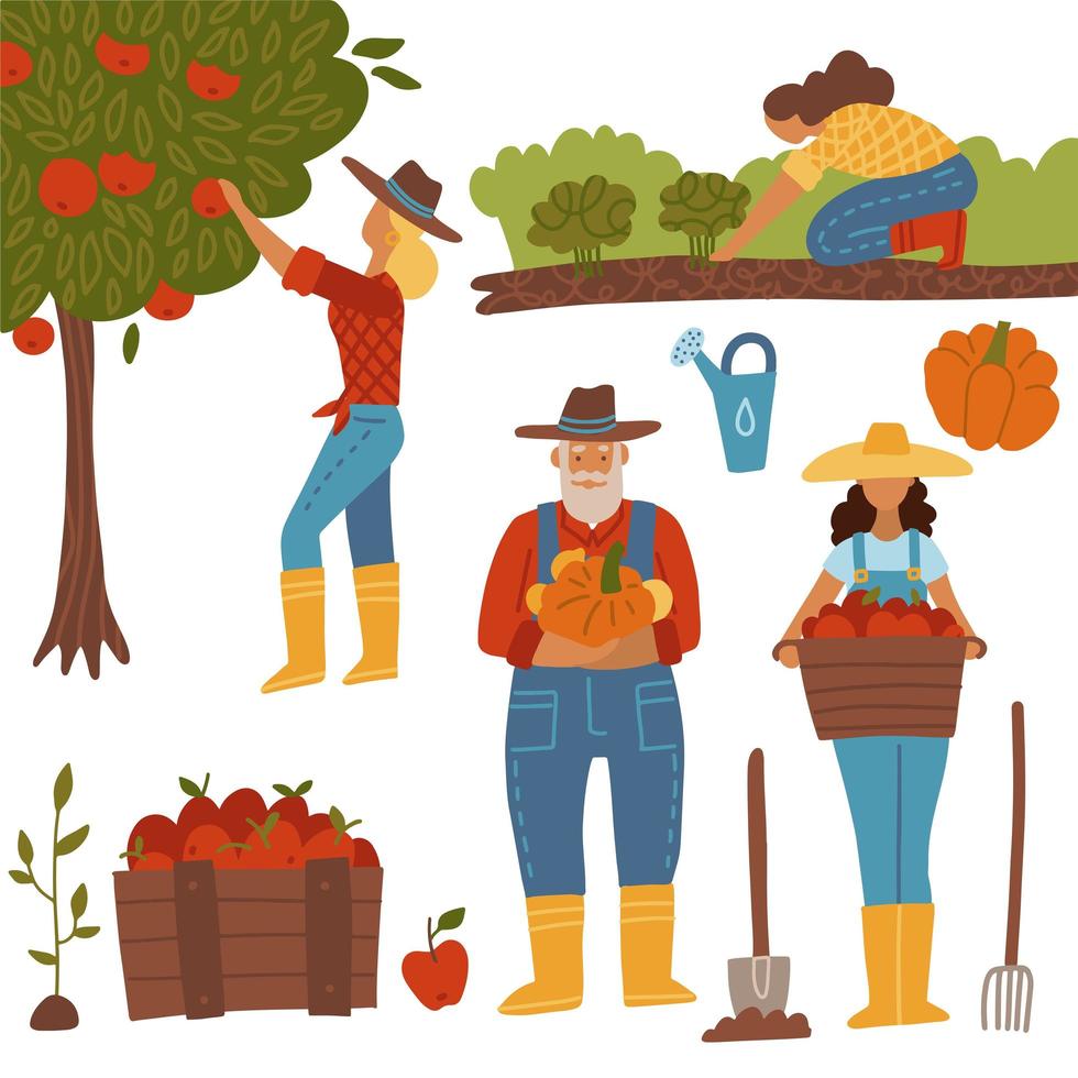 raccolta di persone impostate. agricoltori che svolgono lavoro agricolo - raccolta, semina, coltivazione e trapianto di germogli, autosufficienza e concetto di raccolta. illustrazione disegnata a mano piatta vettoriale