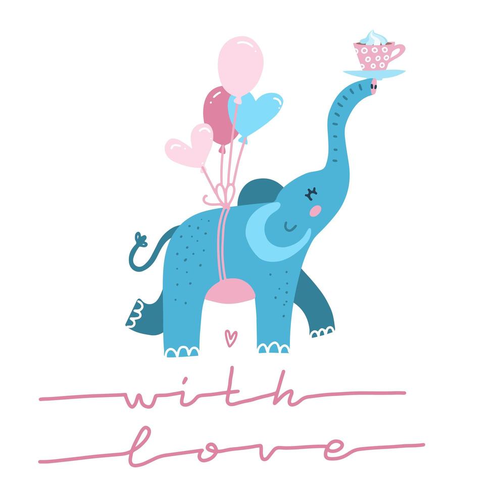 simpatico elefante con personaggio dei cartoni animati di palloncino a forma di cuore. citazione scritta in linea - con amore - per la stampa di t-shirt, i bambini indossano il design della moda, biglietto di San Valentino. illustrazione vettoriale piatta disegnata a mano