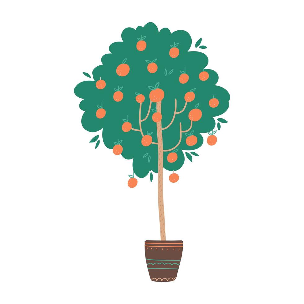 albero di arancio in vaso con frutti. illustrazione disegnata a mano di vettore in uno stile piatto isolato su priorità bassa bianca.