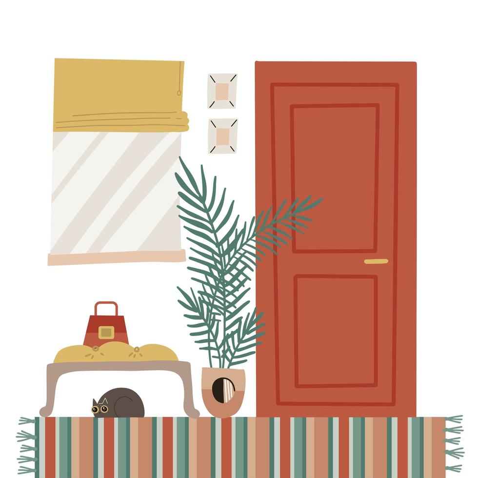 accogliente casa ingresso interno con mobili - porta chiusa, finestra, pianta, moquette, banchetto con gatto. illustrazione vettoriale in stile cartone animato piatto in stile scandinavo.