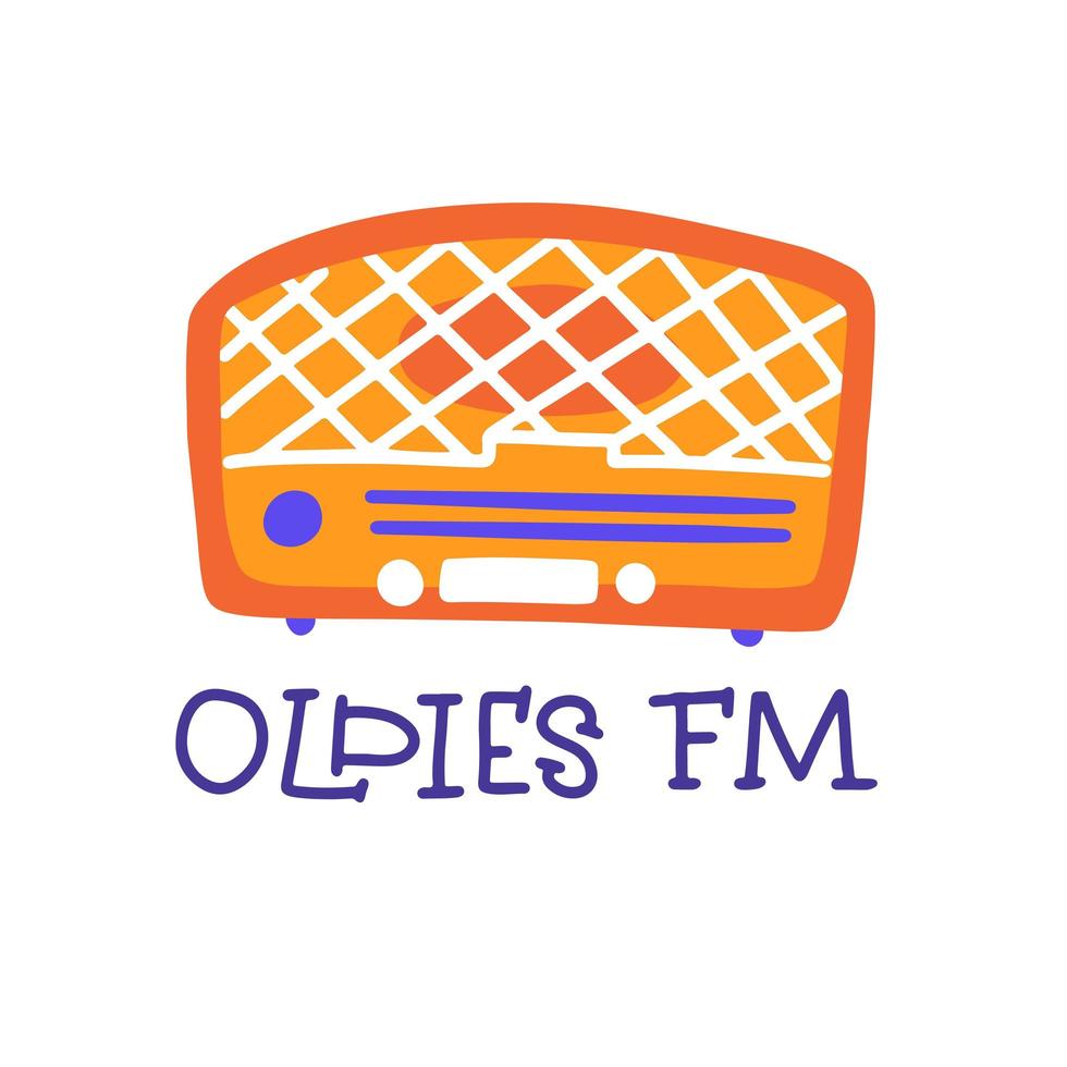 oldies fm - logo del programma radiofonico. logo colorato di una vecchia radio vintage. illustrazione vettoriale piatta astratta carina isolata in sfondo bianco.